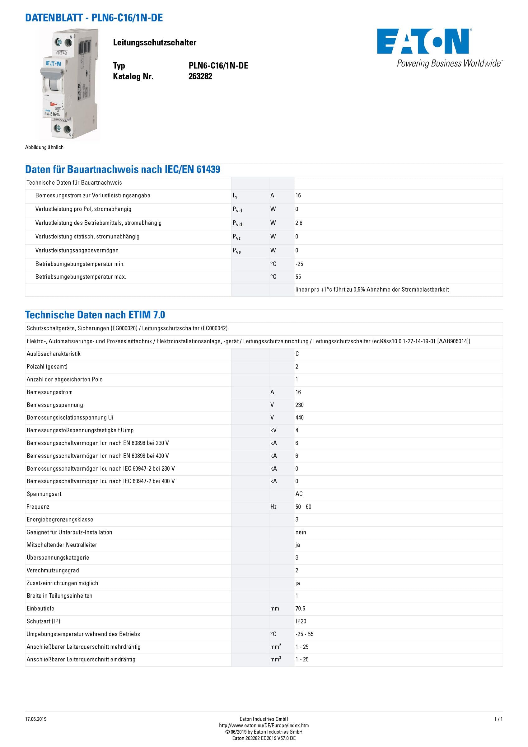 Eaton PLN6-C16/1N-DE Leitungsschutzschalter 16A 1P+N 1-polig+N C-Charakteristik LS-Schalter 1 TE eine Teilungseinheit breit (263282)