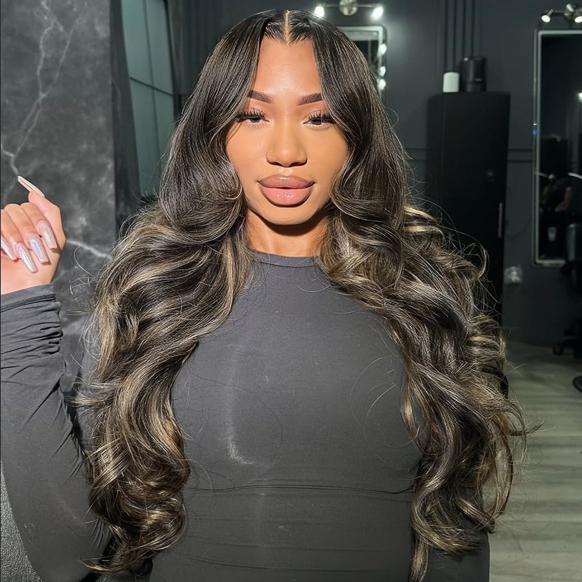 13x6 Ombre Black to Balayage Highlights Lace Front Human Hair Wig 210% Density Loose Body Wave Black to Ash Blonde Highlight Tone Wig Custom Hd Lace Wig Pre Plucked for Any Occasions 28Inch - Image 7