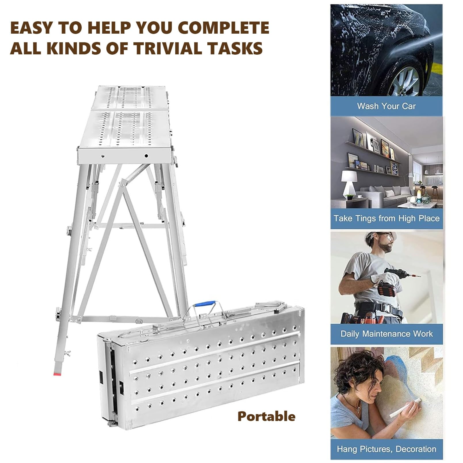 Piattaforma per ponteggi in acciaio resistente, piattaforma di lavoro pieghevole con altezza regolabile, superficie antiscivolo, supporta 200 kg, ideale per casa, ufficio, officina e garage