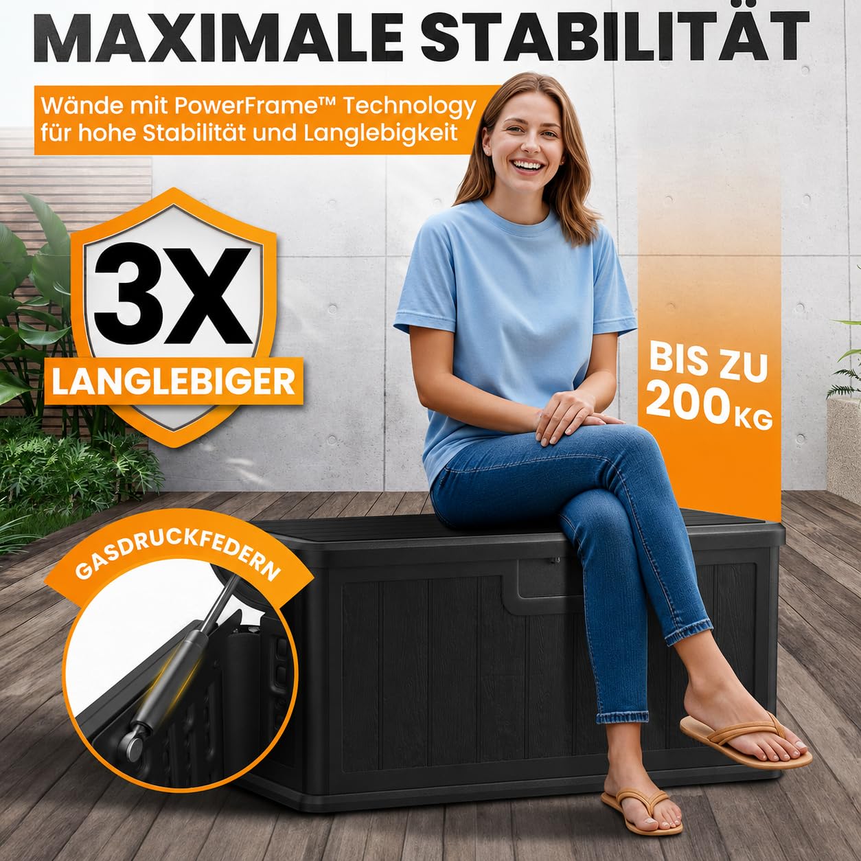 Naturiz® Gartenbox wasserdicht & stabil 375L - Aufbewahrungsbox XXL - Gartenkiste wetterfest - Auflagenbox, Kissenbox, Paketbox, Gartentruhe, Outdoor Box, Garten Box, schwarz (375L)