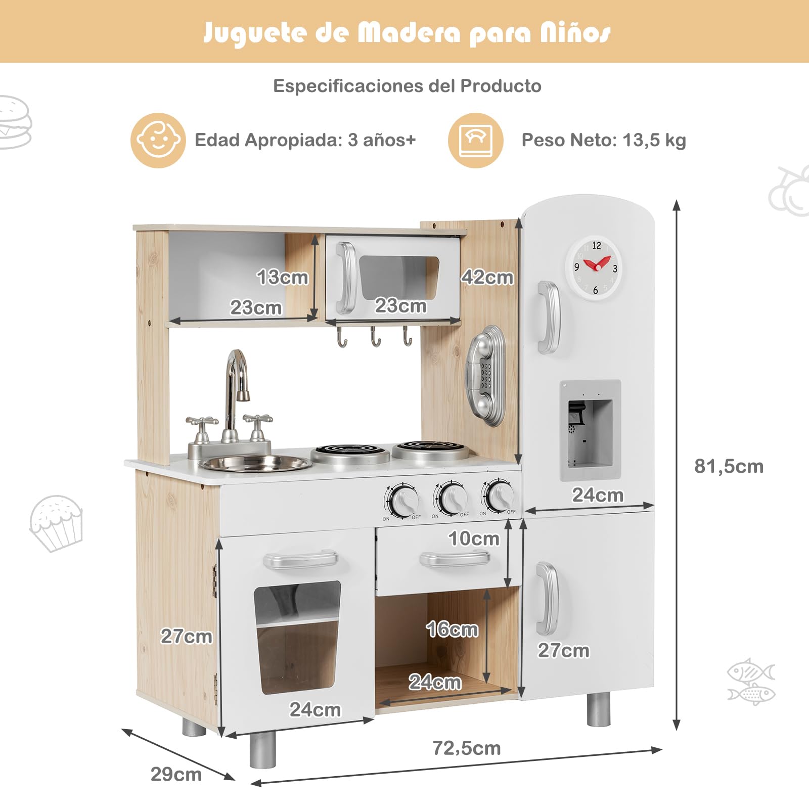 COSTWAY Cocina Juguete de Madera con Teléfono, Cocinita de Madera Infantil con Nevera, Microondas, Fregadero Desmontable, Dispensador de Agua con Luz y Sonido, Cocina Infantil para Niños (Natural)