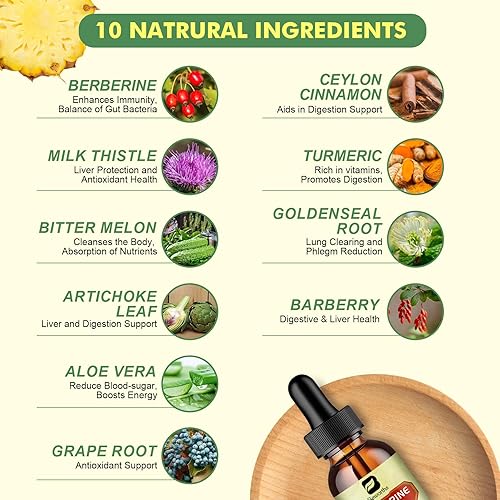 Miniatura 6 de Suplemento de berberina prémium  Gotas líquidas de berberina con cúrcuma, melón amargo, cardo mariano, canela de Ceilán, suplemento vegetal de