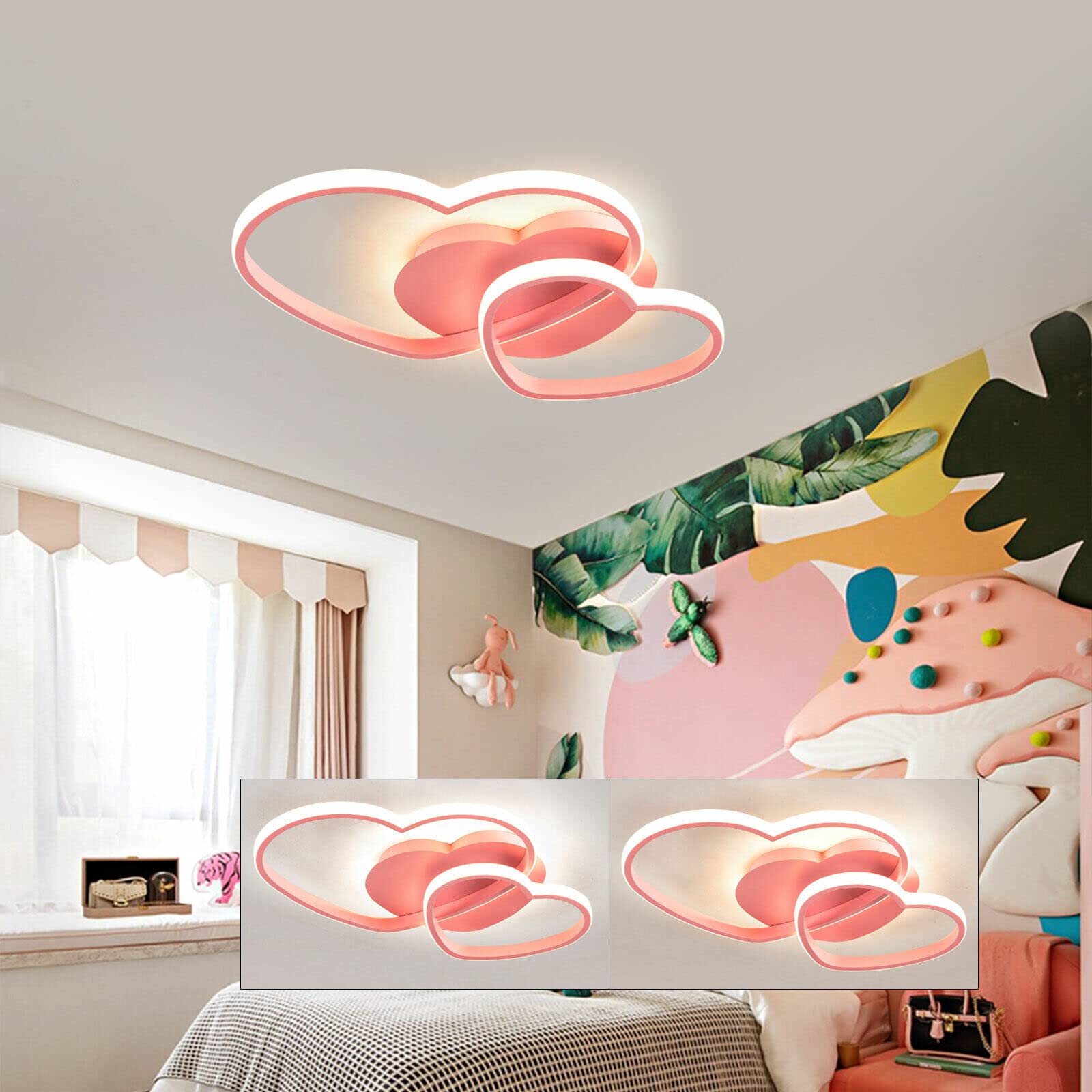 LED Deckenlampe, 42W Herz Deckenleuchte dimmbar mit Fernbedienung, 3500-6500k Kinder Deckenlampe, Für Kinderzimmer Jungenzimmer Mädchenzimmer, Rosa