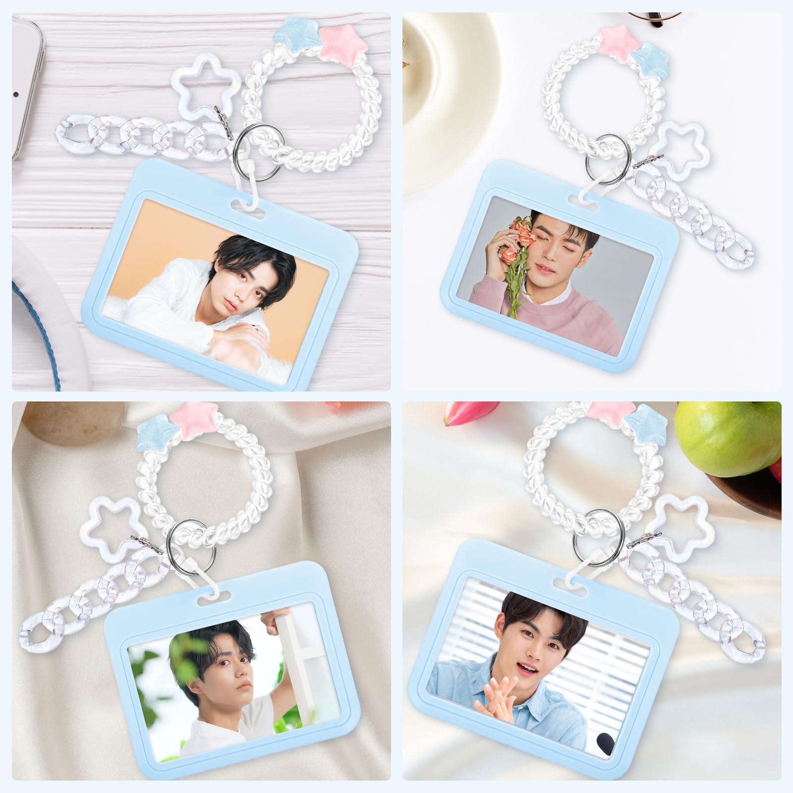 Yuanchu Poziomy akrylowy uchwyt na fotokartkę Kpop, ramka na fotokartkę, stojak na fotokartkę, kpop, organizer na fotokartkę, z brelokiem, gwiazda, dekoracja stołu, niebieski