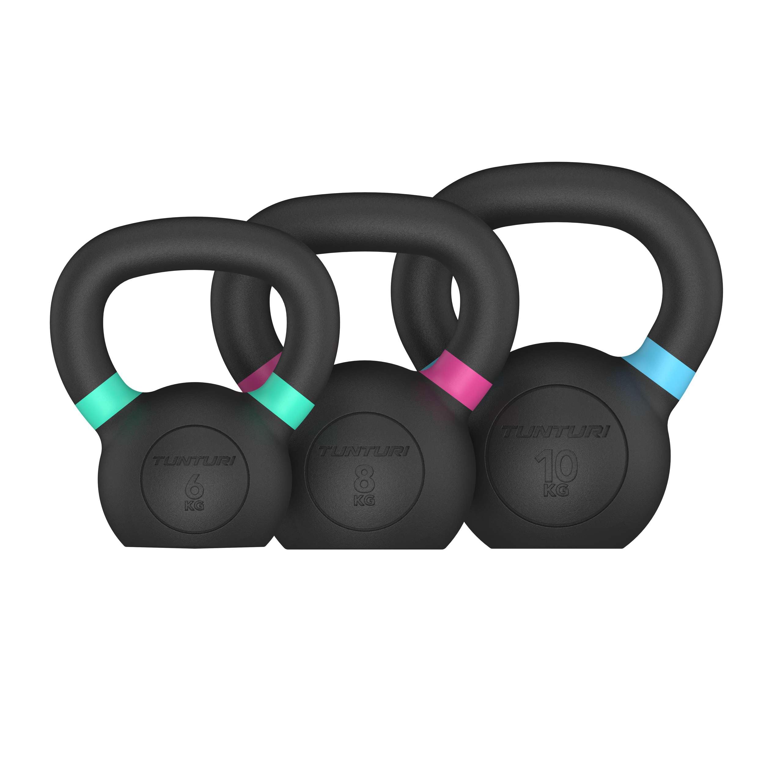 Tunturi Platinum - Set kettlebell in ghisa, 6-10 kg, con app fitness gratuita
