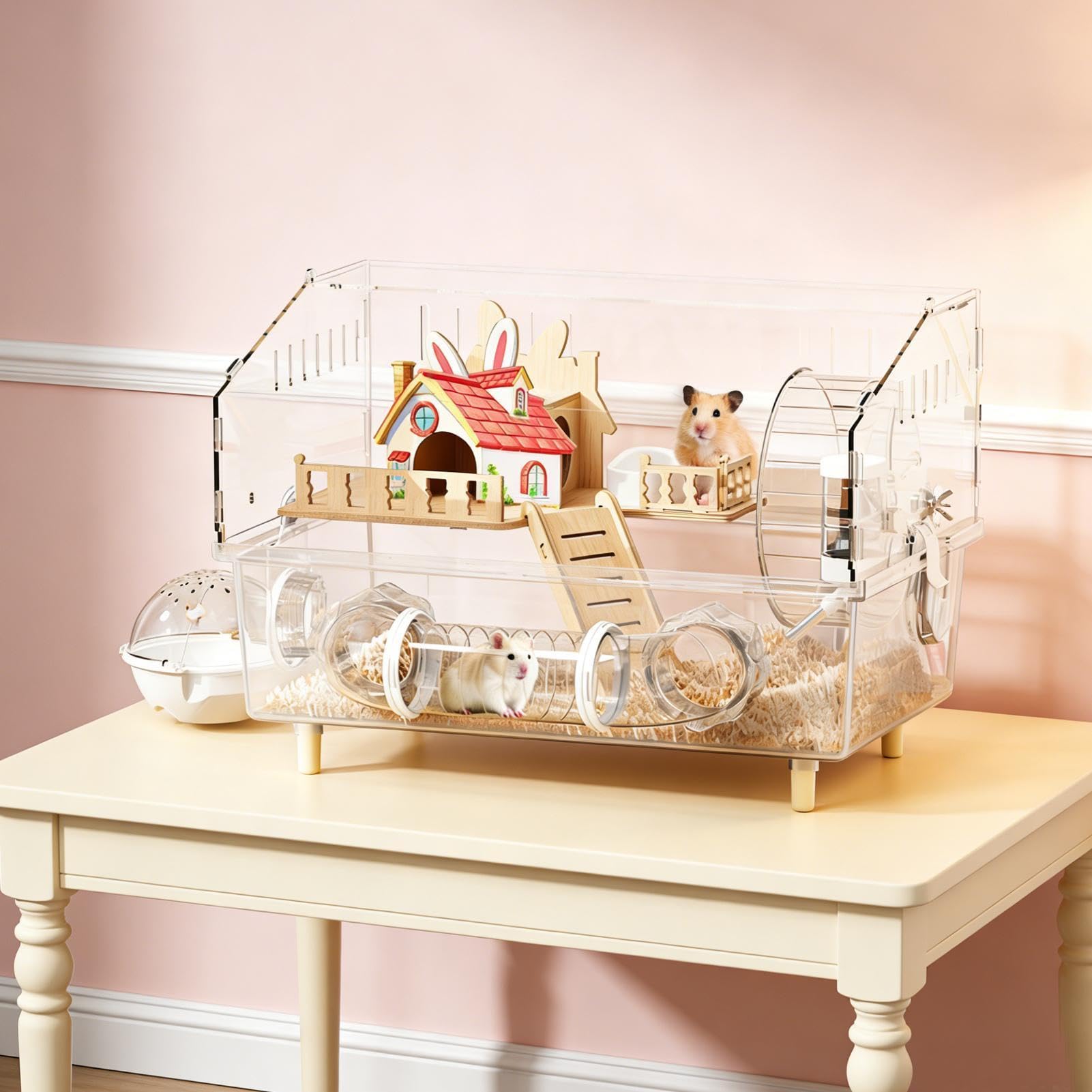 Jaulas para Hámsteres Hábitat Transparente de Acrílico para Erizo, | con Rueda de Ejercicio, Bebedero, Casa Baño Descanso, Juego y Sueño