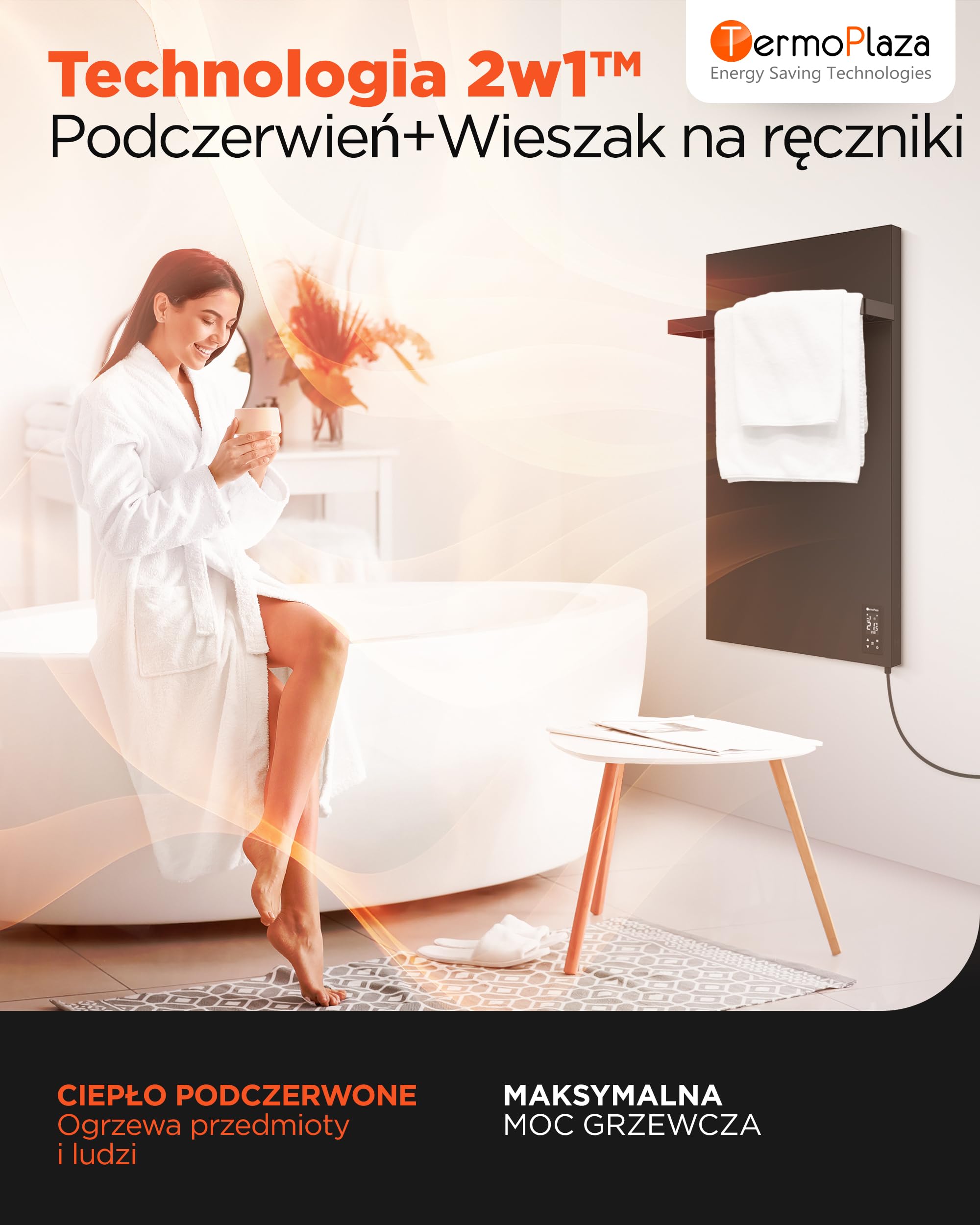 TermoPlaza WiFi Promiennik na Podczerwień 270 W do 7 m² | Inteligentny elektryczny grzejnik ścienny | Grzejnik łazienkowy z wieszakiem na ręczniki i termostatem | Grzejnik elektryczny do łazienki