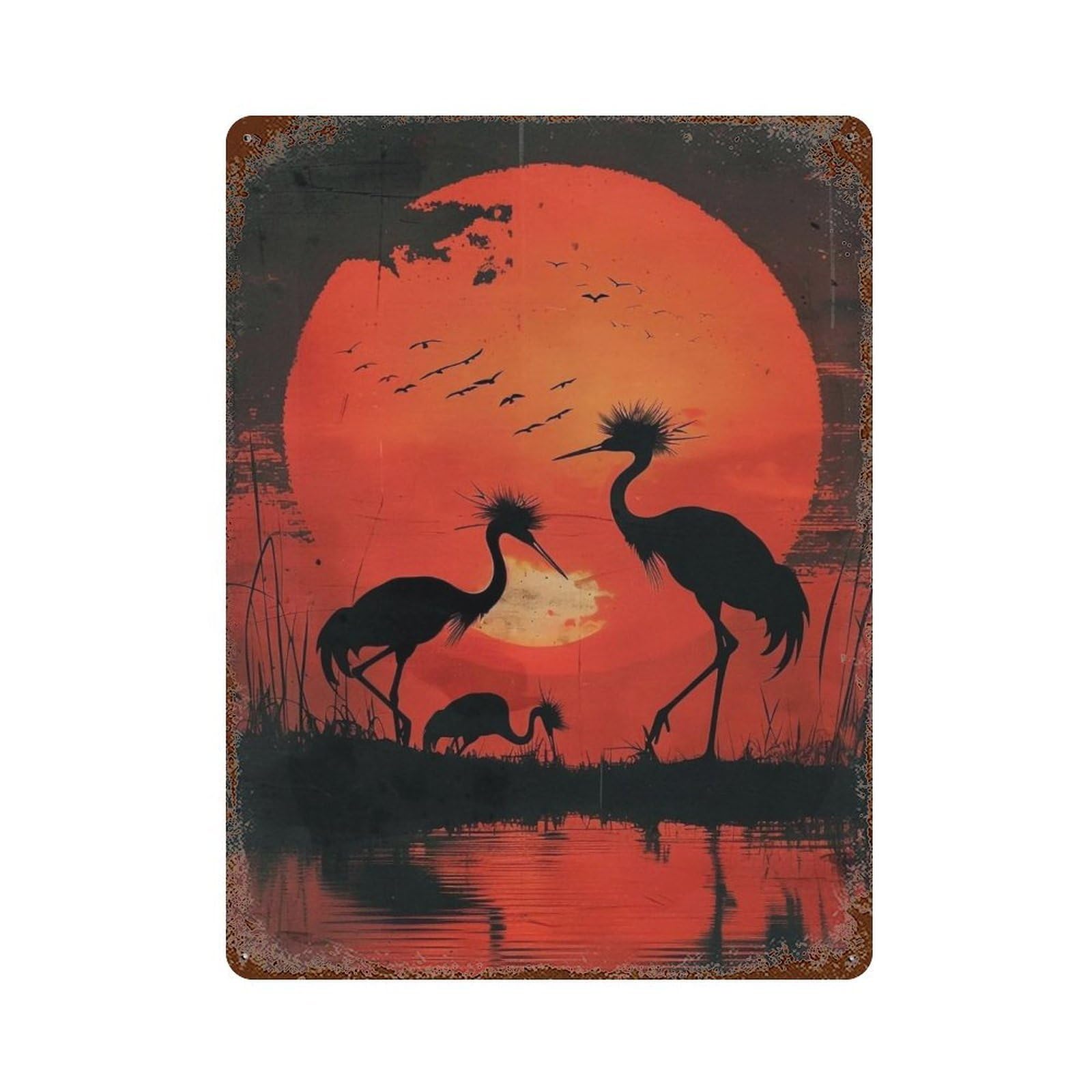 HDURYEYRYY Wetland Reed Red Dusk Crane Silhouettes 03 Wall Retro Iron Vintage Art Metal Tin Sign Poster Modern Home Cofffee Club Art Bar Shop Decor 40x30cm