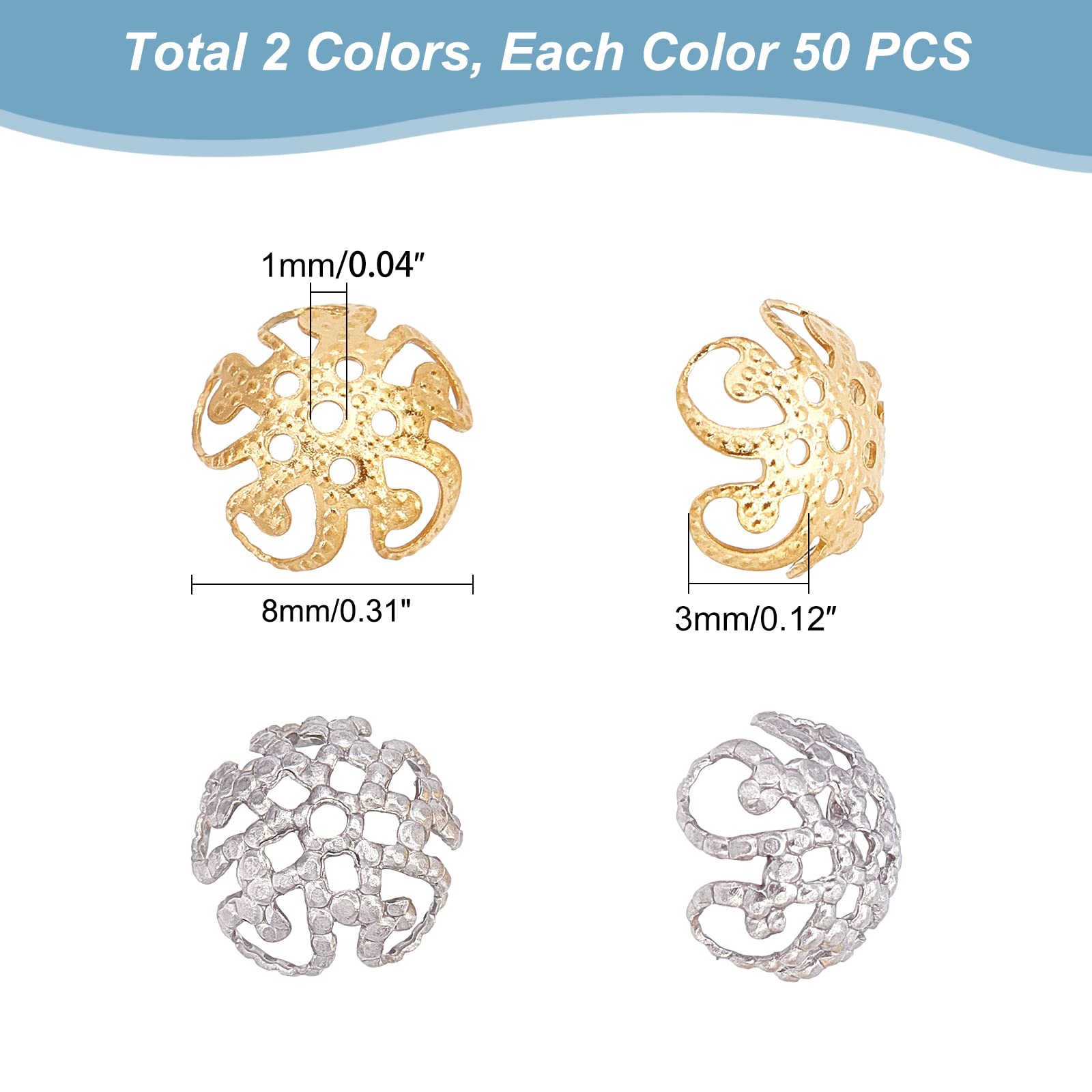 UNICRAFTALE 100 Pezzi Distanziatori A Fiore 5 Petali In Acciaio Inox – 8 Mm Diametro, 2 Colori Per Bracciali E Collane Fai Da Te