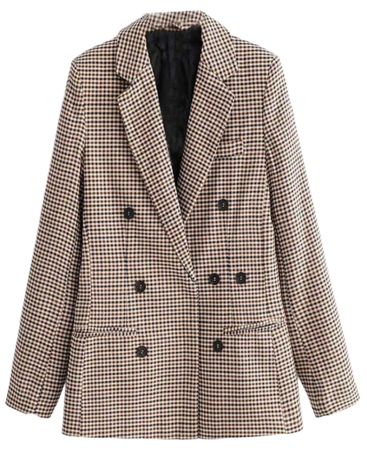 Womens Houndstooth Blazer Notch Lapel Suit Jacket Double Breasted Casual Tuxedos Coat