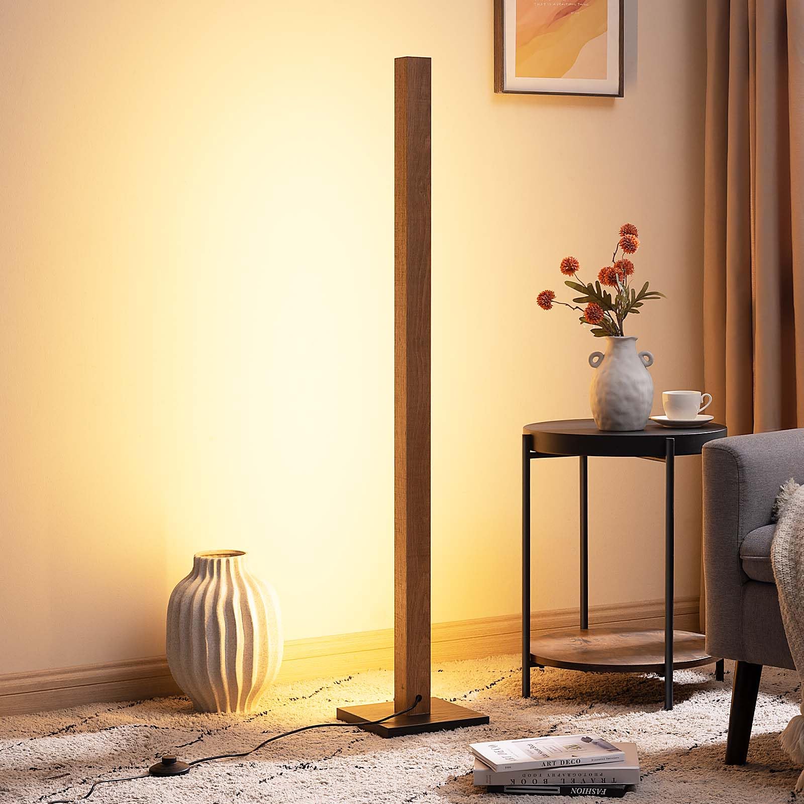 EDISHINE Lampada da Terra Legno, LED Lampada Piantana da Terra Dimmerabile, 800 LM 3000K Bianco Caldo, 18W per Ambienti, con Interruttore a Pedale e Funzione di Memoria per Soggiorno, Ufficio