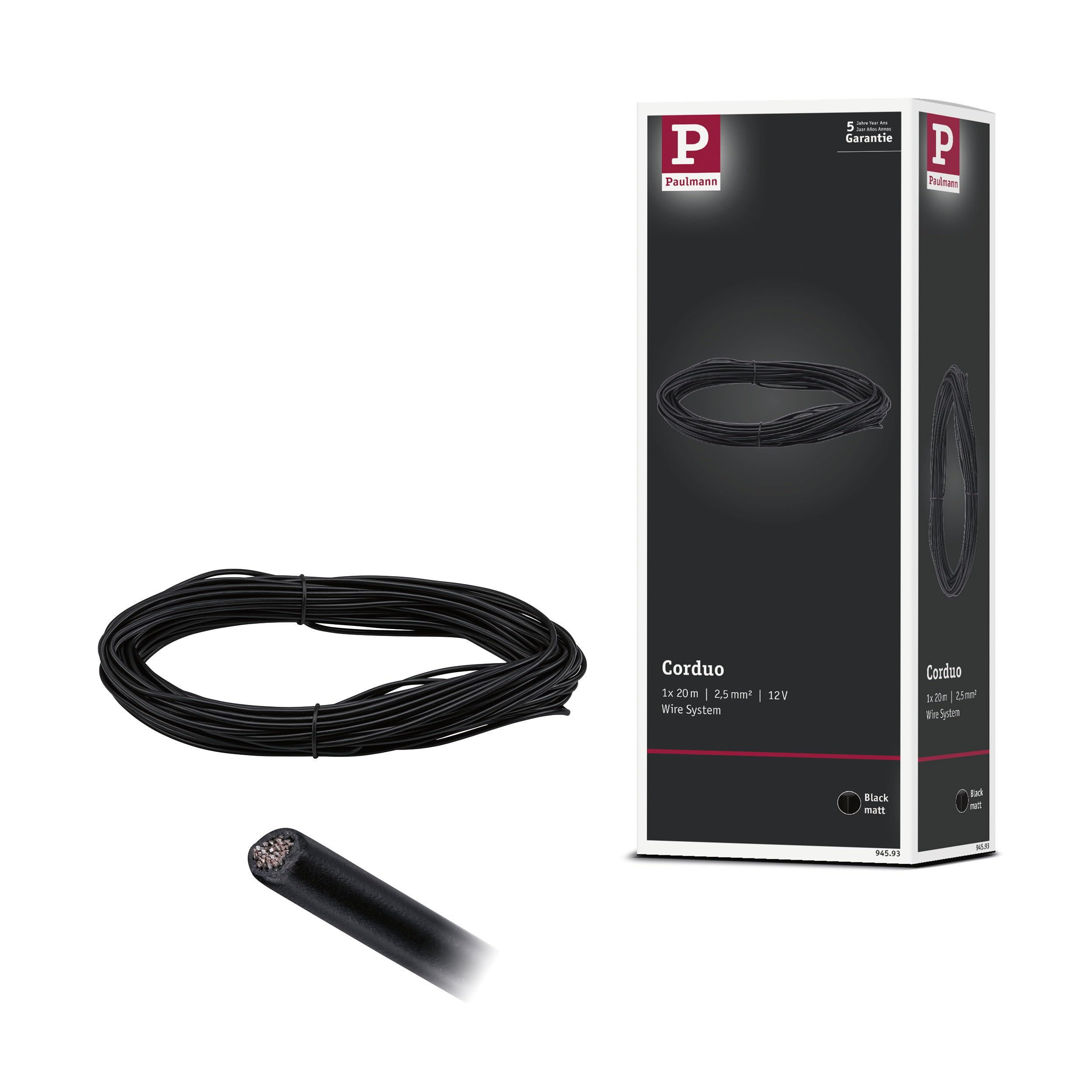 Paulmann 94593 Sistema a fune fune di tensione Corduo 20m isolata 2,5qmm fune nero fune metallica binario