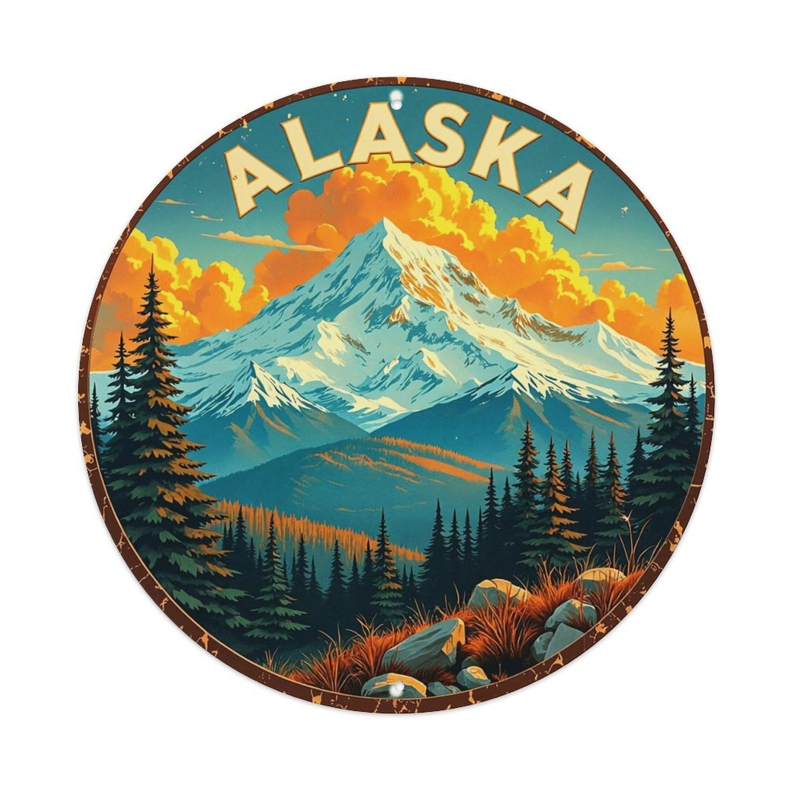 Alaska Mountain Sunset Scene Print Metal Tin Sign Plaque