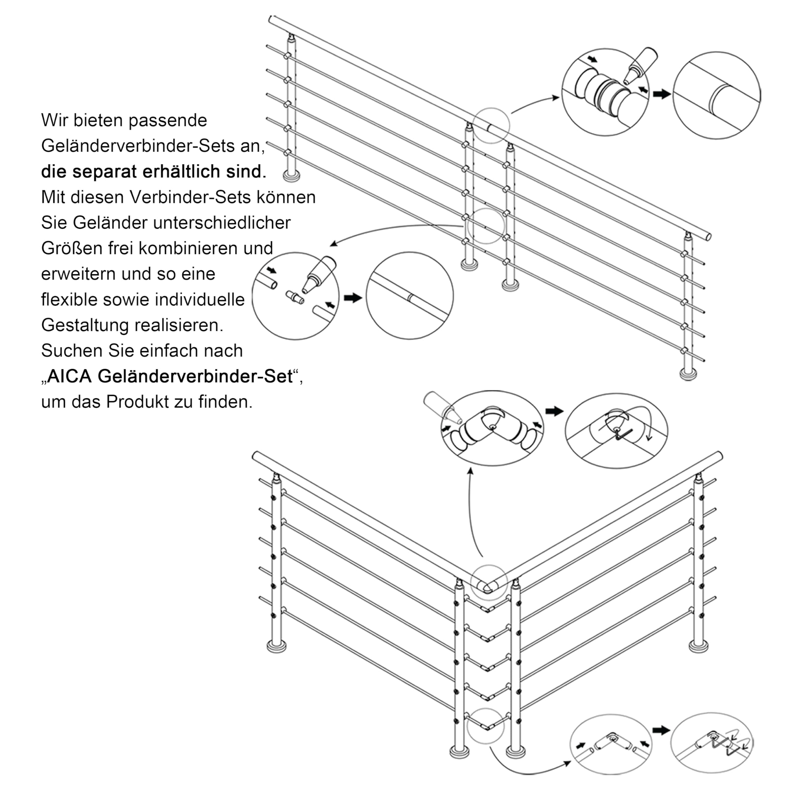 Aica Edelstahl-Geländer 200×106 cm Treppengeländer & Handlauf mit 5 Querstäben für Innen- und Außenbereich Einfache DIY-Montage