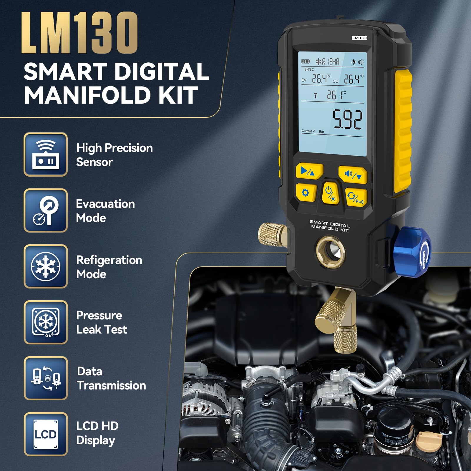 LM130 Medidor de vacío digital inteligente Manómetro HVAC | Rango de presión: 0 – 870 psi, rango de vacío 1 – 0 bar, precisión de presión/vacío ± 0,5% | Rango de presión: 0 – 870 psi, rango de vacío 1 – 0 bar, precisión de presión/vacío ± 0,5 %