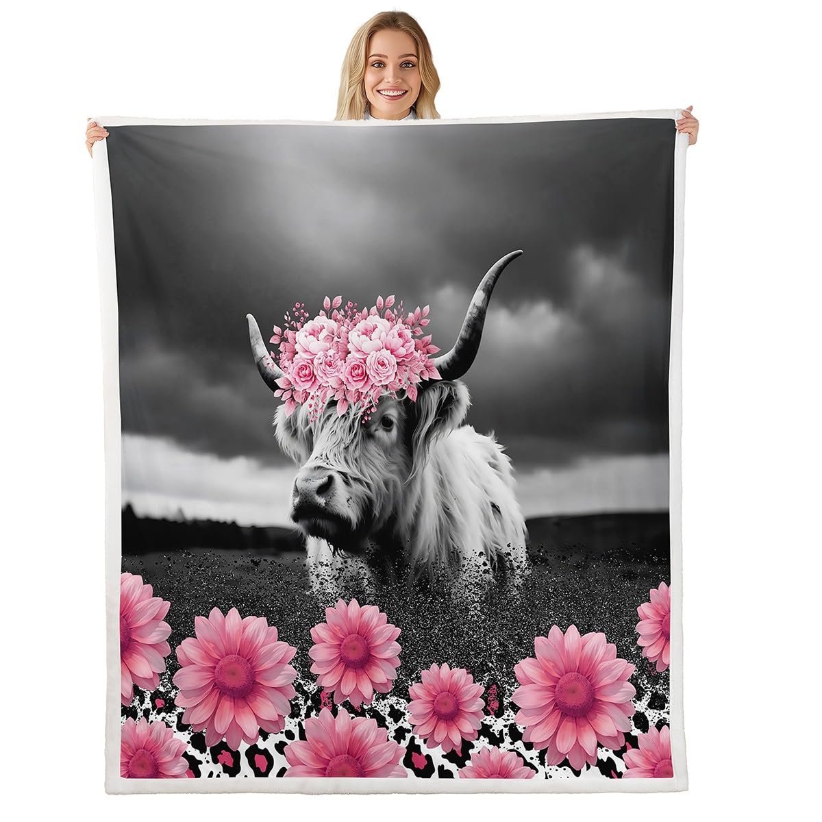 Homemissing Floral Highland Cow Fleece Throw Blanket Single 50x60Inch For Kids Boys Girls Teens Leopard Highland Cattle Plush Sherpa Blanket Farmhouse AnimalsBedroom Decor