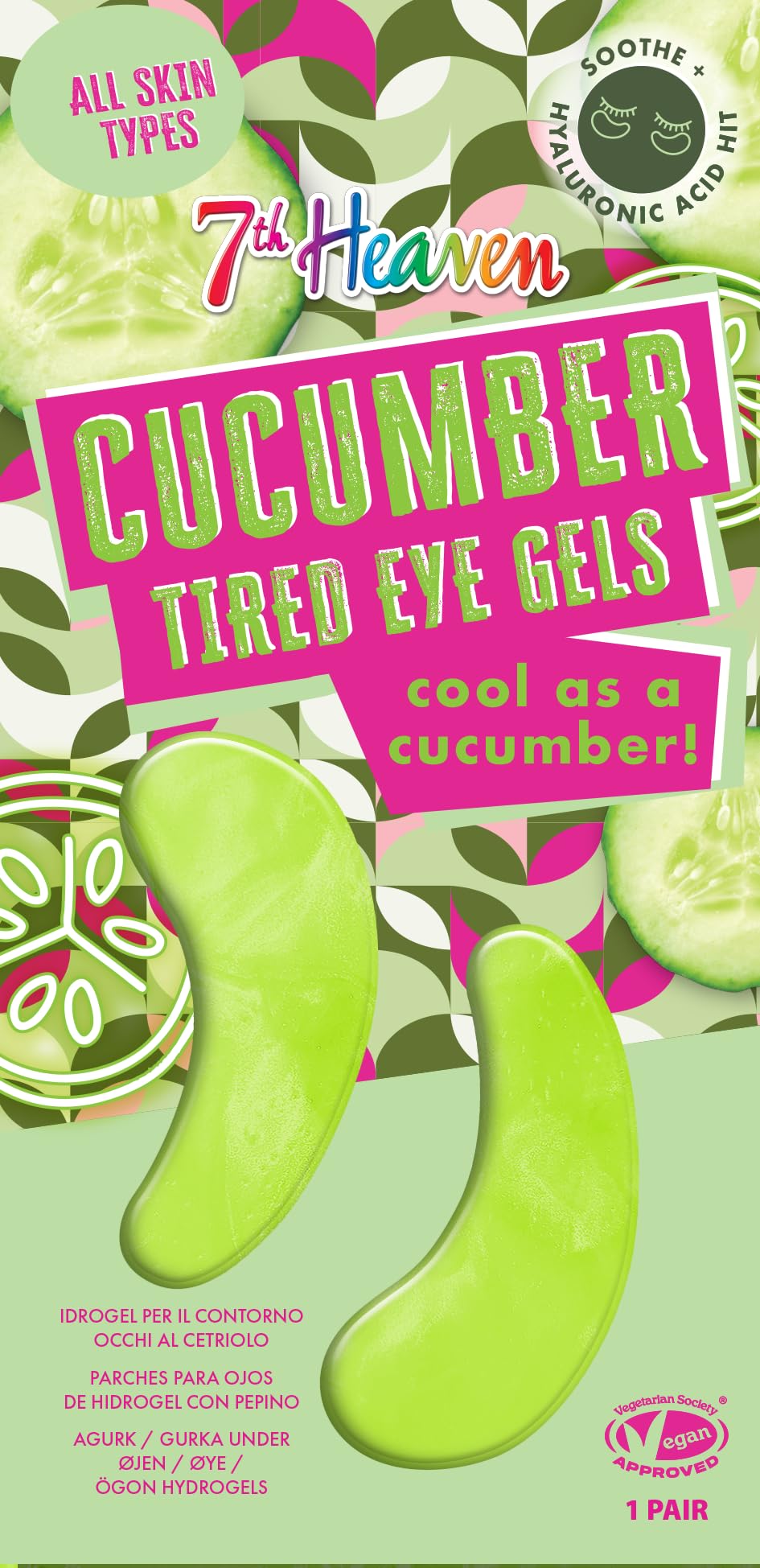 7th Heaven Cucumber Tired Eye Gels with Hyaluronic Acid - 1 Pair of Under Eye Hydrogel Patches