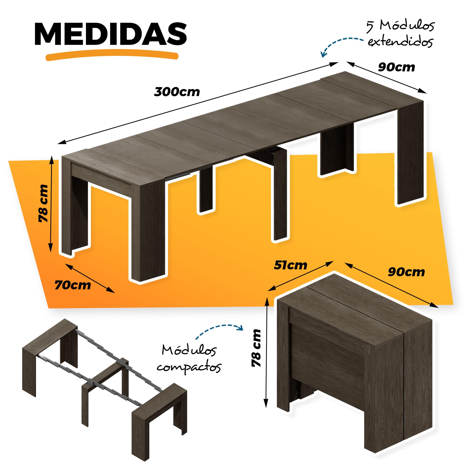 Mesa Consola Extensible de Madera 51-300x90cm - Mesa Extensible Comedor - Aparador Convertible, Escritorio o Mueble Recibidor Multifuncional y Moderna, Ideal para Espacios Reducidos