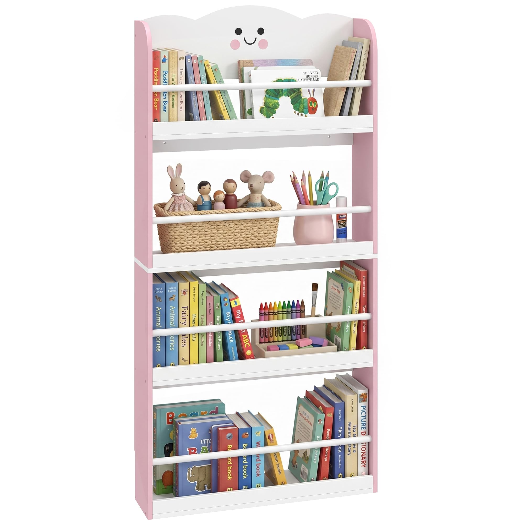 AIYAPLAY Bibliothèque Murale pour Enfant, Rangement Livre Enfant 4 Niveaux, Meuble de Rangement en thème Barbe à Papa, étagère Chambre Enfant pour Salle de Jeux, Chambre d'enfant, Rose