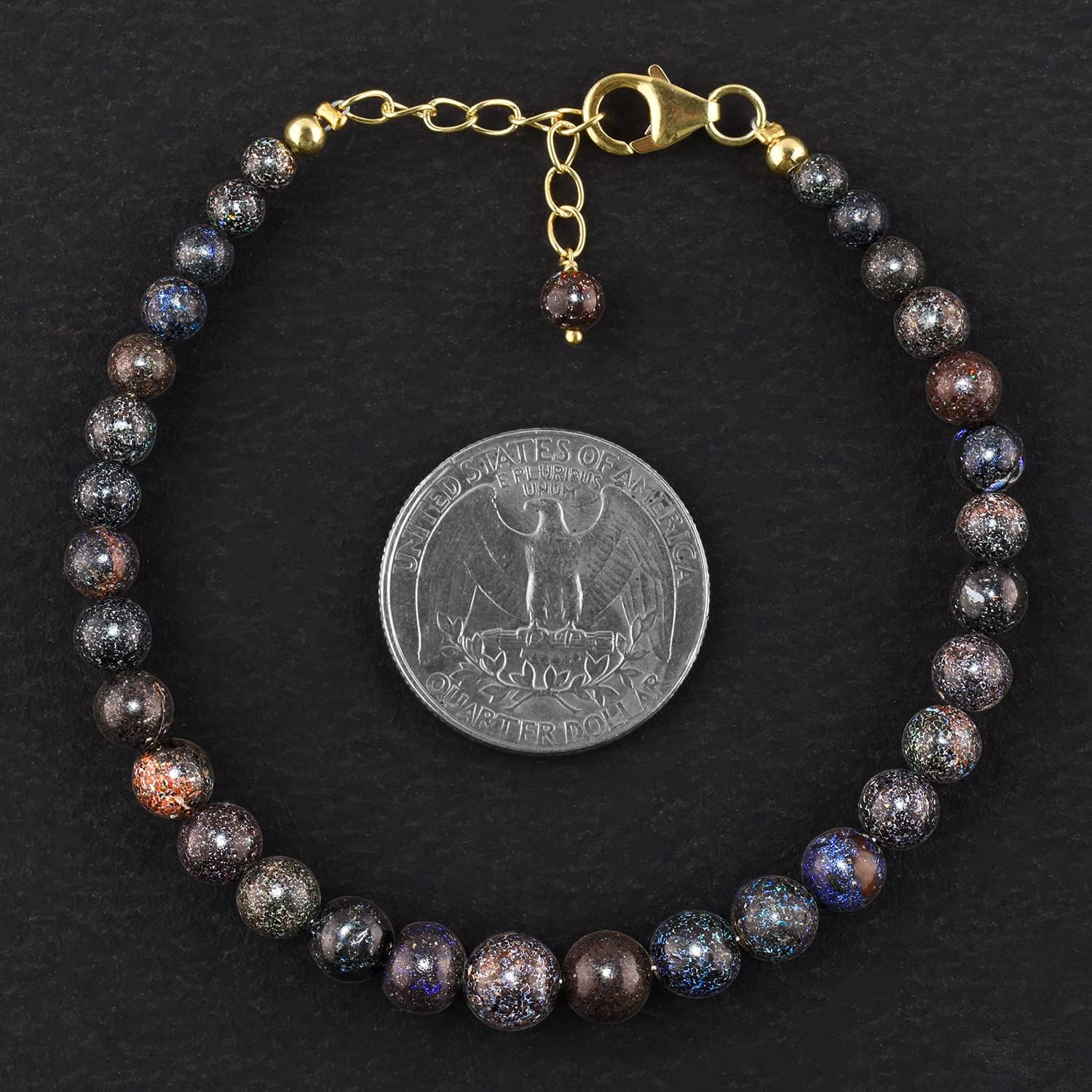 InfinityGemArt Black Matrix Opal Bracelet, Natural Gemstone Beads, Round Dainty Crystal Jewelry for Women, Healing Birthstone Crystal, 14K Gold Plated 925 Sterling Silver Chain 8 inch - Image 3