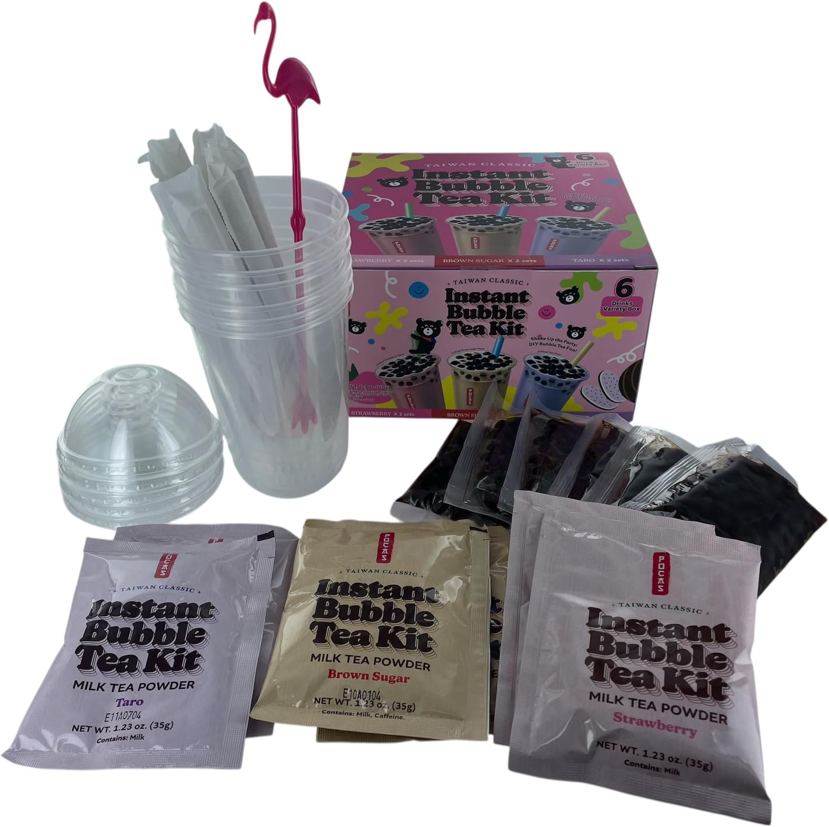 Pocas Instant Bubble Tea Kit Variety Box (6 Drinks) with Real Tapioca Pearls โ Brown Sugar, Strawberry & Taro Milk Tea Powders โ Includes Cups, Lids, Straws & Stirrer