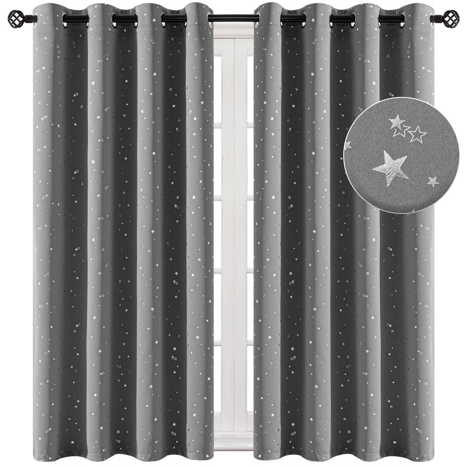 NAPEARL Cortinas para habitación infantil de color gris con estrellas plateadas, 2 unidades de cortinas opacas para habitación infantil (cada una de 137 x 132 cm), cortinas infantiles con ojales