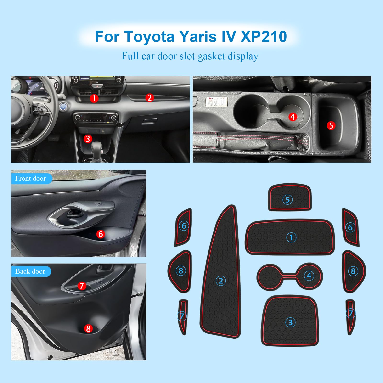 Tappetini Antiscivolo Compatibile con Toyota Yaris 2020-2024, Tappetini in Gomma per Console Centrale, Portabicchieri, Cuciture Porta, Toyota Yaris IV XP210 Tappetino per Auto (Rosso)