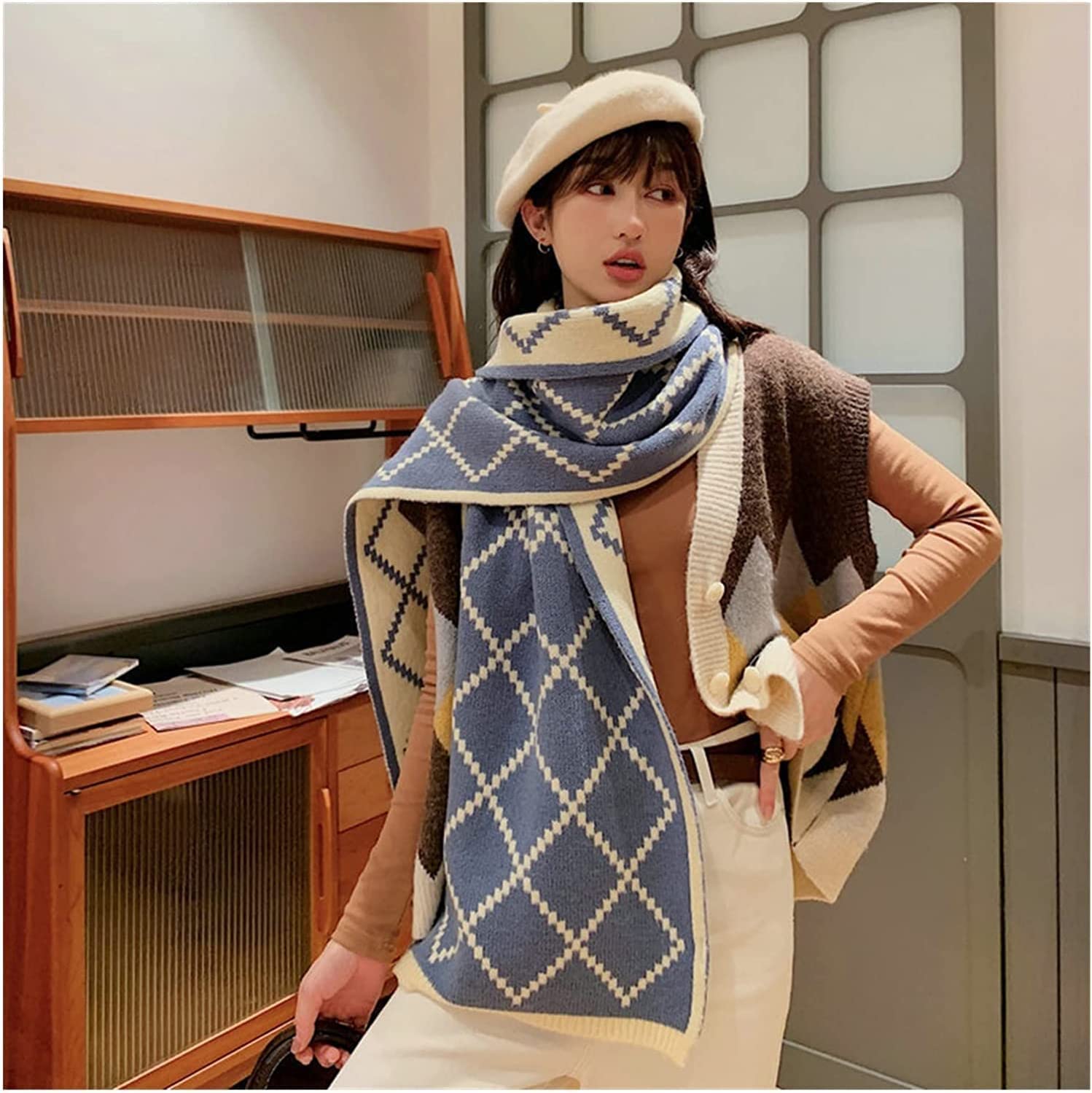 Neu Klassischer Karierter Schal, doppelseitiger, frischer und modischer Strickschal, Herbst-Winter-Dicker, weicher, Warmer Schal, Damen-Wickelschal Mehrweg