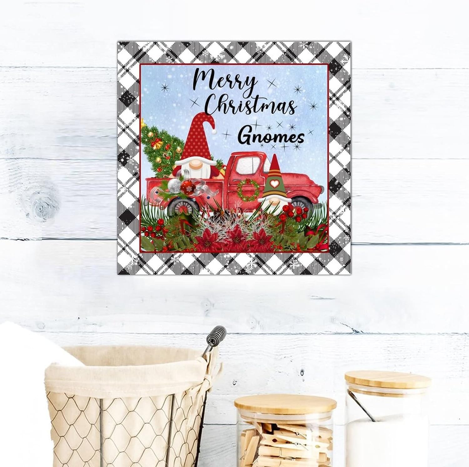 Merry Christmas Gnomes Wooden Sign Vintage Christmas Tree Red Truck Wooden Plaque Holy Night Wall Decor Farmhouse Rustic Wooden For Home Family Living Room Bedroom Housewarming Gift 16x16in