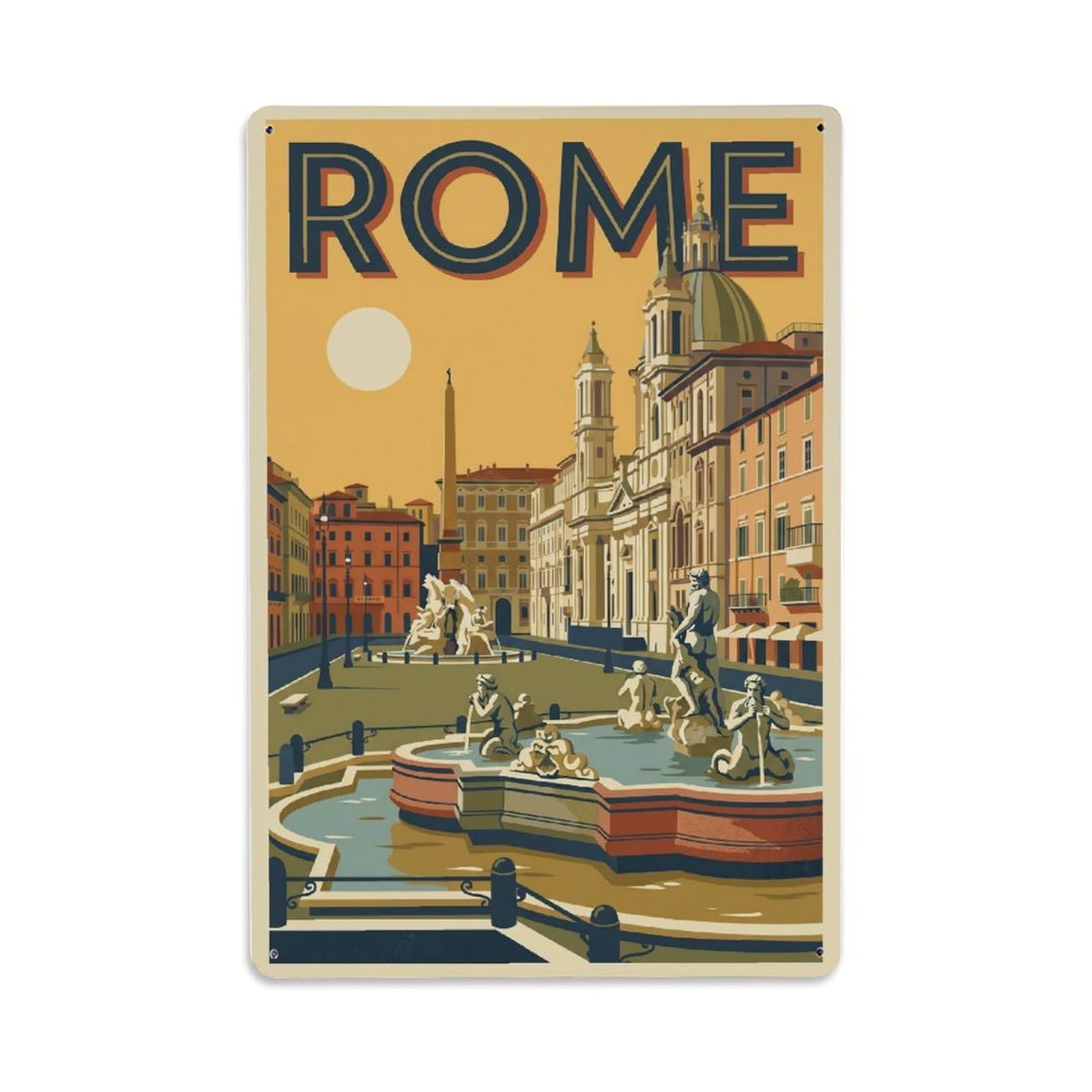 Vintage Travel Rome Piazza Navona Baroque Fountains Italy Metal Tin Sign Plaque Wall Decor for Cafe, Club Bar, Office, Home Garden Metal Poster 8x12Inch