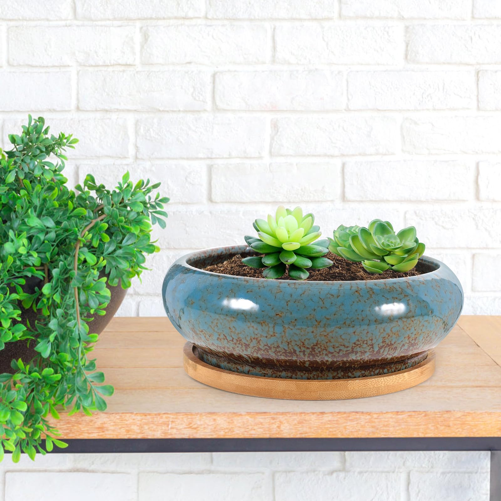 Mikinona 2 Ensembles Pot de Fleurs Succulentes en Soucoupe Bambou