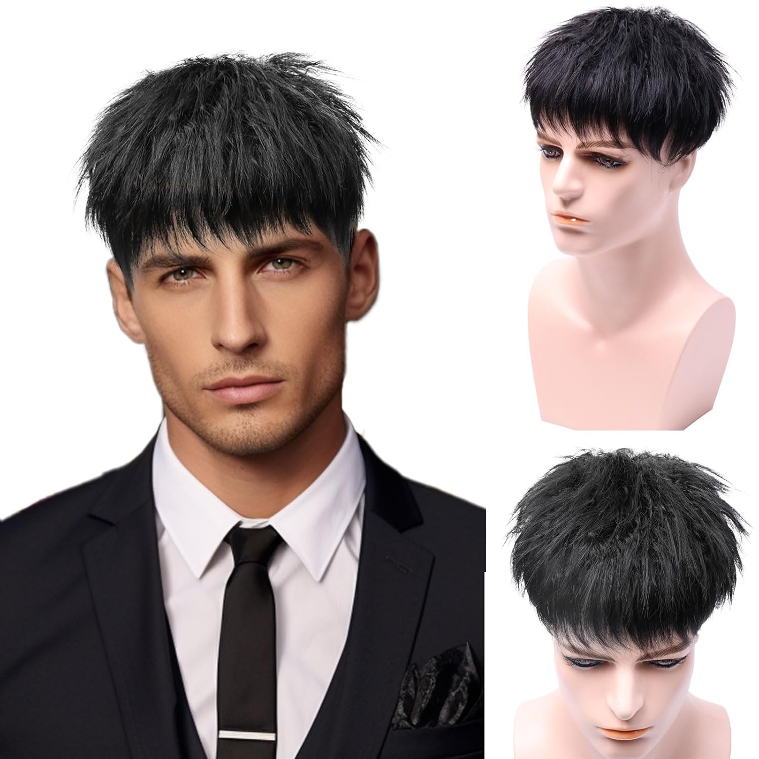 Toupee for Men Human Hair Men‘s Black Wig Short Straight Fluffy Realistic Hair Wig Thin Skin Daily Party Costume Wigs for Male Guy (black) Toupee for Men Human Hair Men‘s Black Wig Short Straight Fluffy Realistic Hair Wig Thin Skin Daily Party Costume Wigs for Male Guy (black)