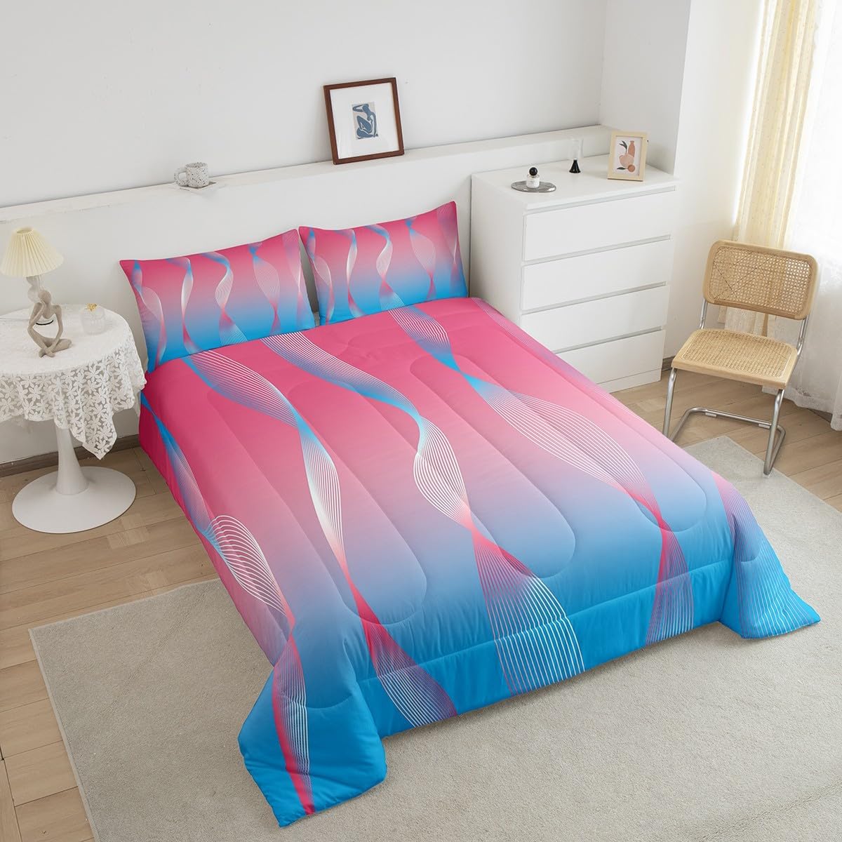 Erosebridal Gradient Gradient Pink to Blue Comforter Set Full,Silver Foil Print Wave Striped Quilt Ombre Bedding Set,Abstract Art Room Decor Aesthetic