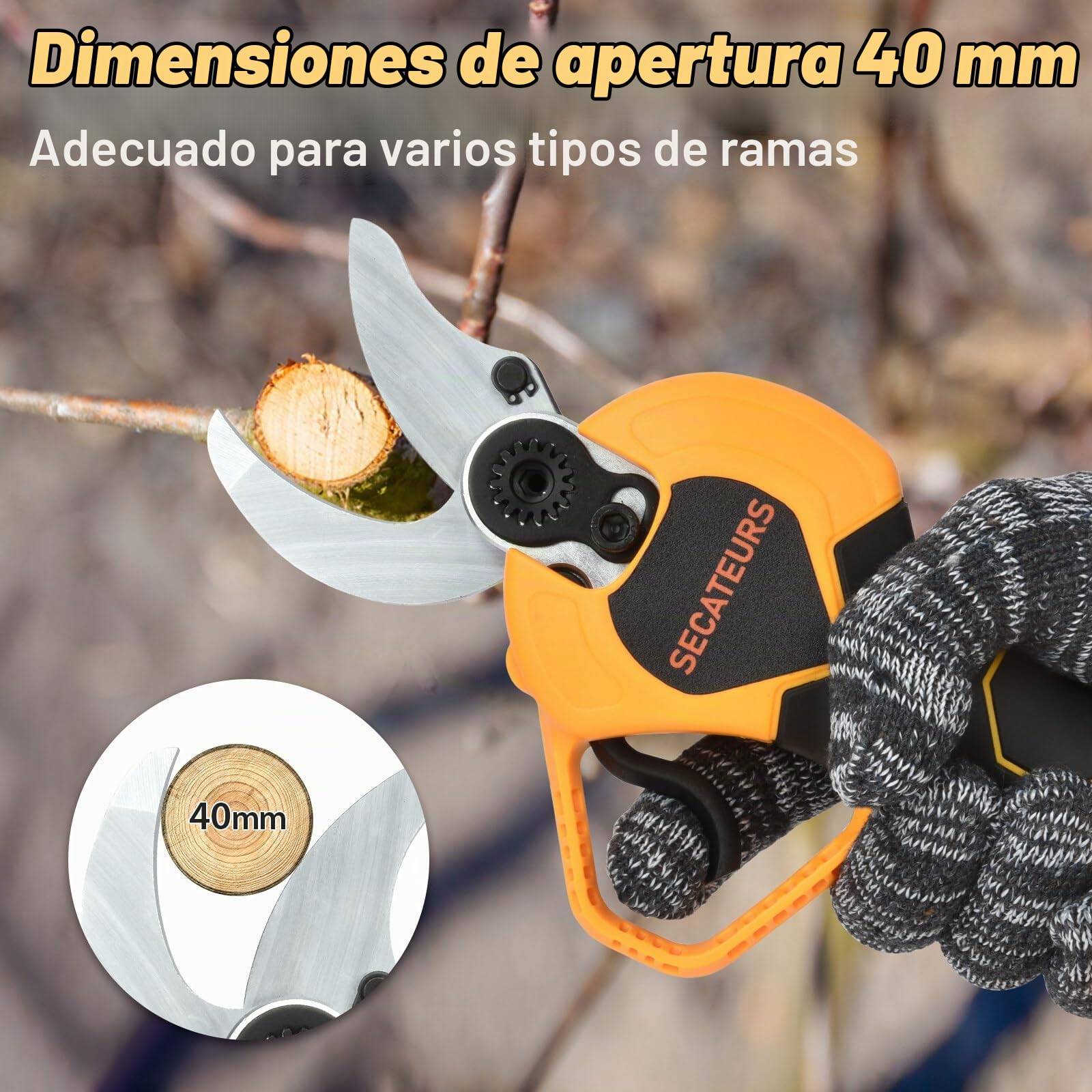Tijeras de Podar Eléctricas 40mm Progresivas con Display, 2 Baterías 21V | Motor brushless, corte preciso, apertura progresiva, ideal para jardinería, árboles frutales y viñedos