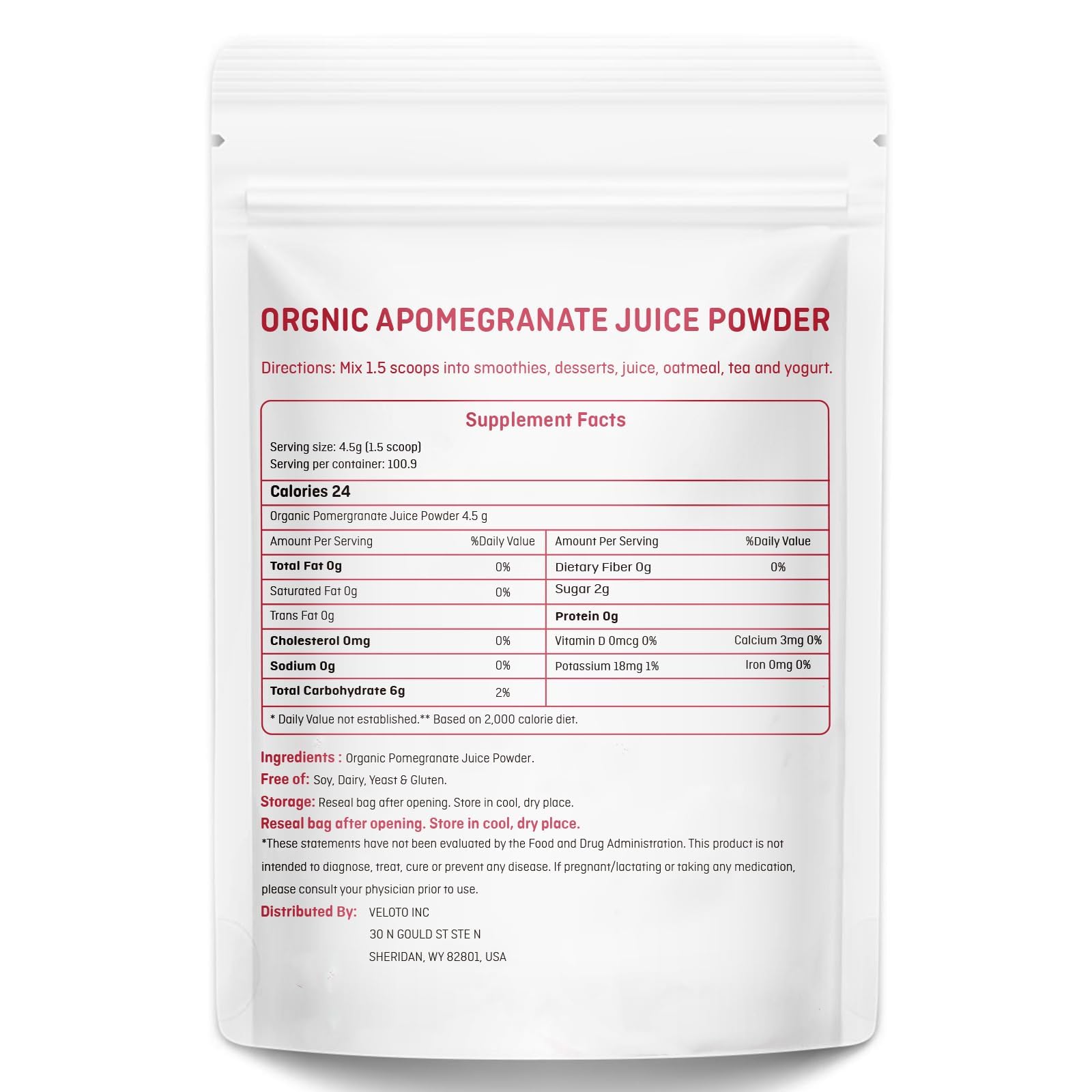 Organic Pomegranate Juice Powder 1 lb, Freeze-Dried, Antioxidant Superfood, No Sugar Added, Unsweetened, Non-GMO, Vegan, for Smoothies, Juice & Baking