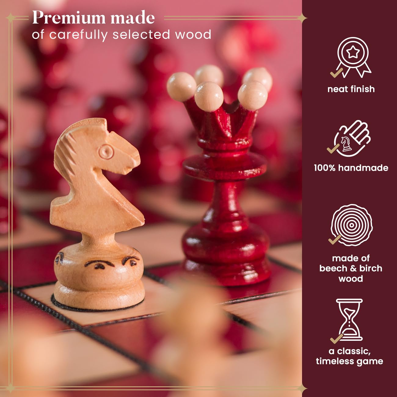 Master of Chess Houten Schaakbord 58 cm - Handgemaakt Groot Draagbaar Schaakbord - Ingelegde Opvouwbare Schaakset voor Kinderen en Volwassenen - Stenen Figuren - Fantasy Accenten