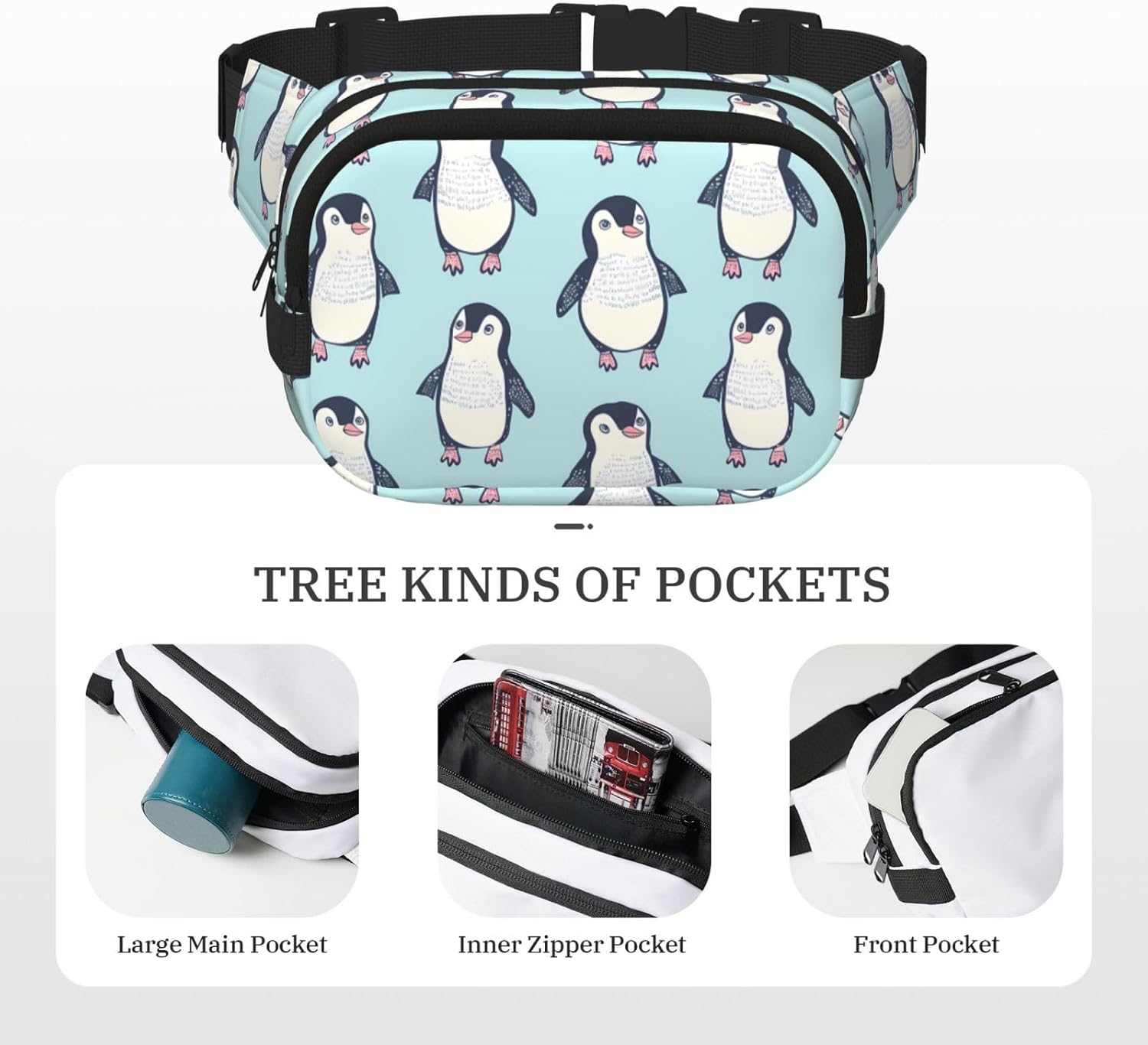 Cute Animal Penguin Pattern Fanny Pack for Women Men Fashion Waist Packs with Adjustable Strap Crossbody Belt Waist Bag for Hiking Running Travel