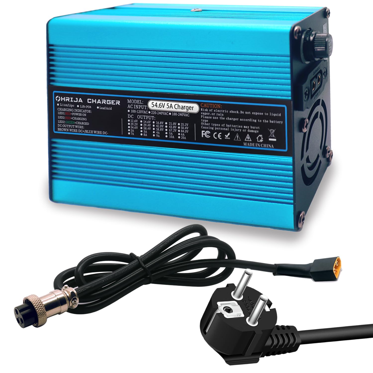Chargeur de Batterie 54,6 V 5 A pour Batterie Lithium 48 V, Alimentation 48 V 5 A, extérieur Bleu avec connecteur GX16 1+3-