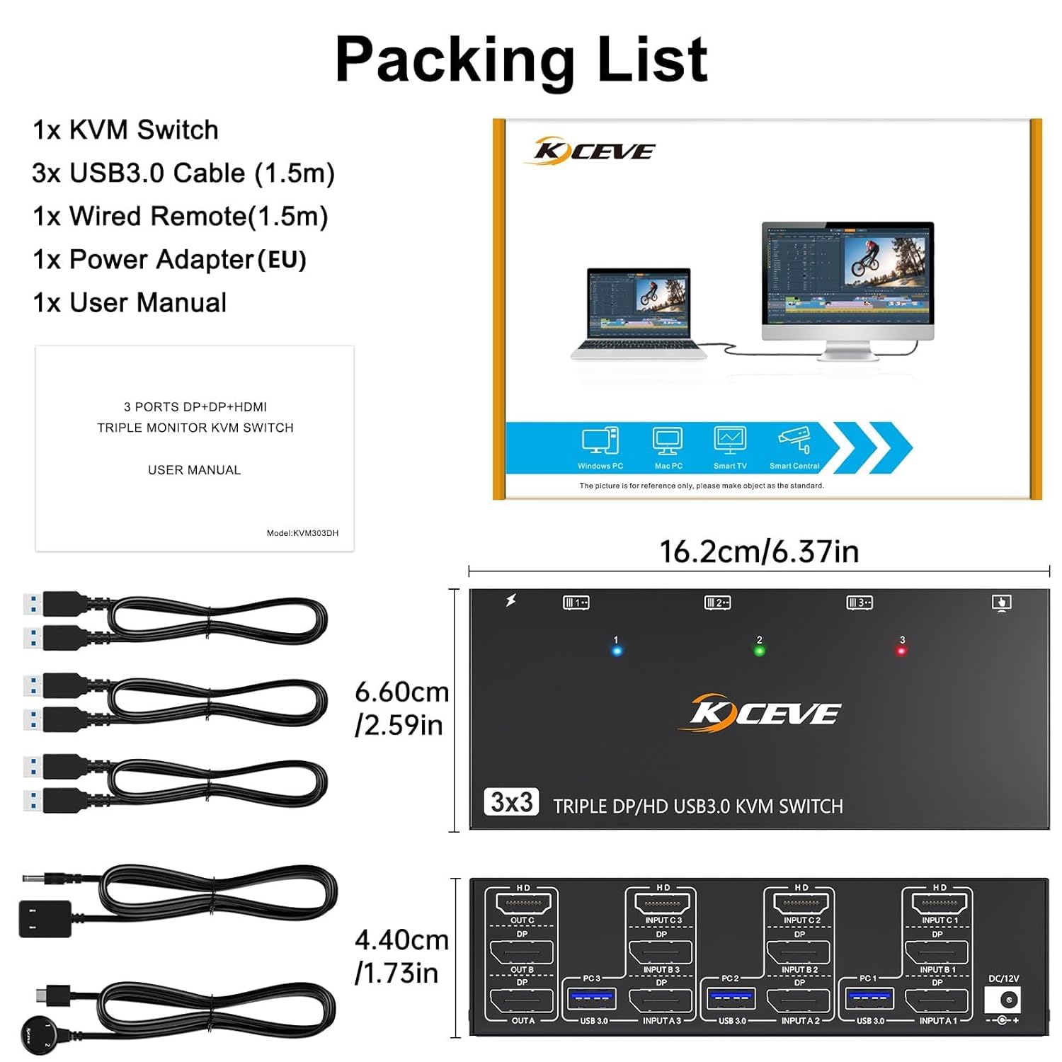 KVM Switch 3 Monitores 3 PC 8K@60Hz,4K@144Hz,HDMI Displayport Triple Monitor KVM Switch,3 Monitor Conmutador KVM con 4 Puertos USB 3.0 para Teclado y Ratón, Control Remoto y Adaptador DC/12V Incluidos