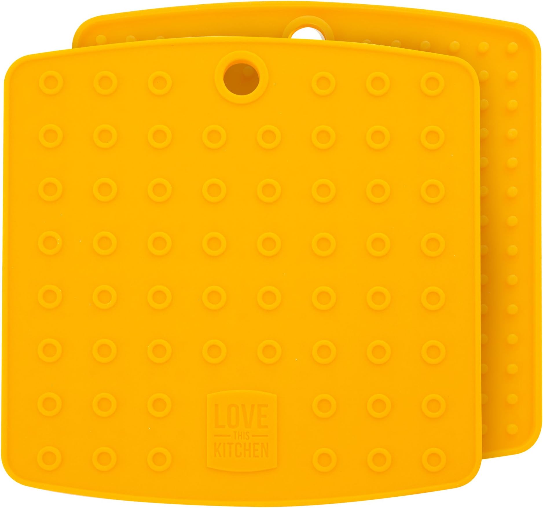 Premium Silicone Trivet Mats/Hot Pads, Pot Holders, Spoon Rest, Jar Opener, Coaster - 5 in 1 Kitchen Tool Heat Resistant to 227 C, Thick and Flexible (17,8 x17,8 cm, Bright Yellow, Set of 2)
