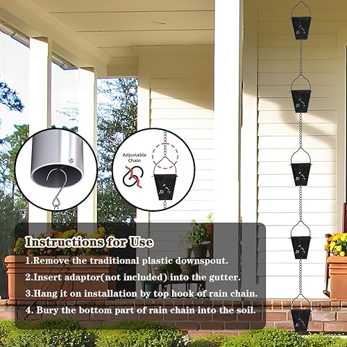 Miniatura 4 de giole 10.92 pies Cadena de lluvia negra cuadrada para exterior con 12 tazas Cadena de lluvia ajustables de metal para atrapar la lluvia para