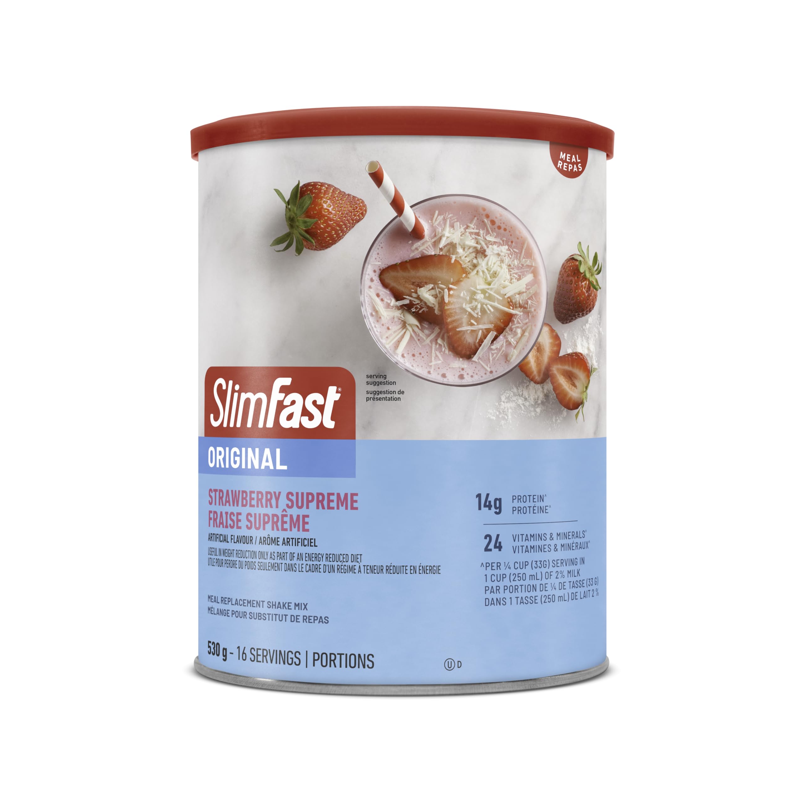 SlimFast Original Poudre de protéine, mélange de substitut de repas – 14 g de protéines + 23 vitamines/minéraux essentiels – Strawberry Supreme, 16 portions [530 g]
