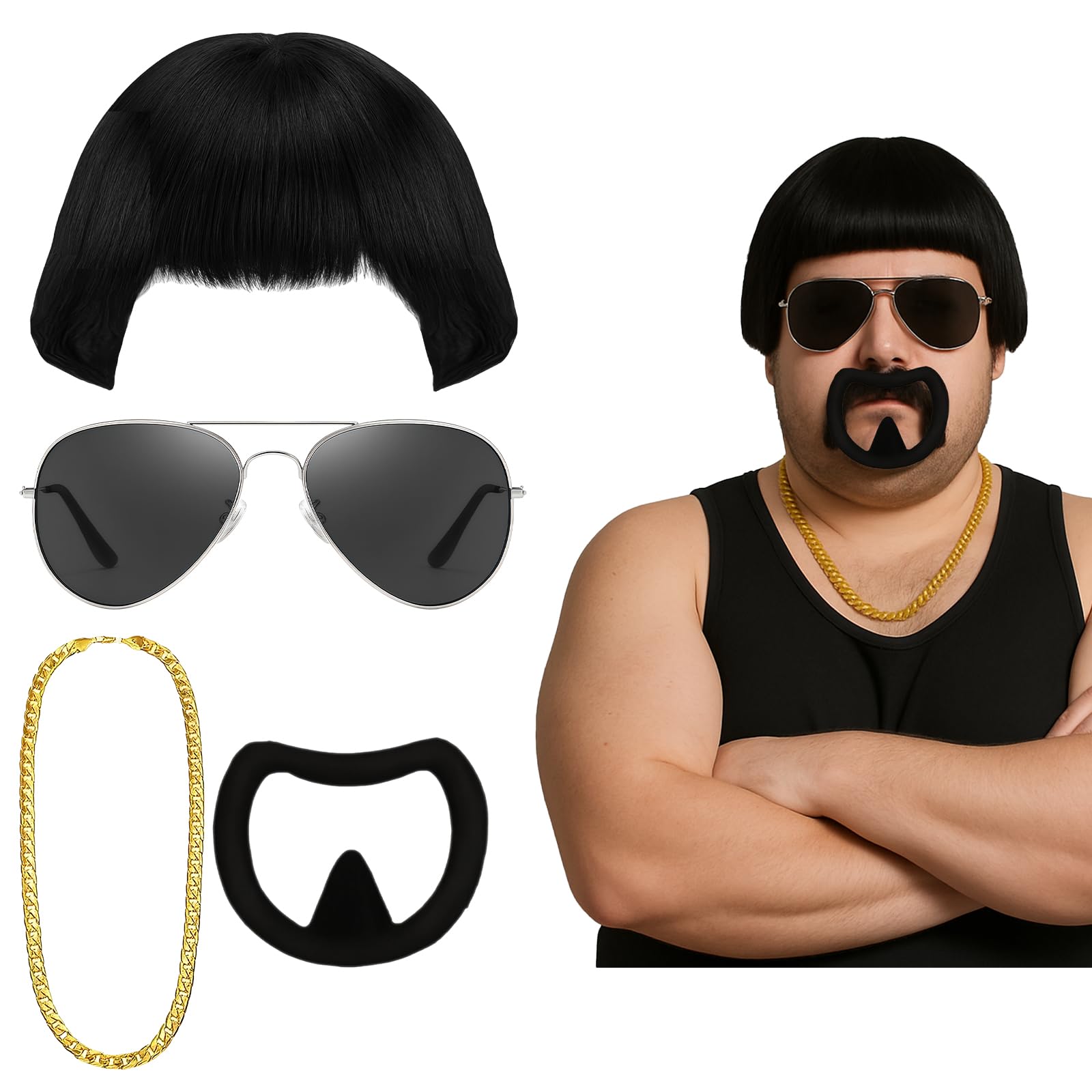 GWAWG Final Boss Costume Accessory Set Bowl Cut Wig Gold Chain Boss Glasses Beard Funny Fancy Dress Costume Kit for Halloween, Party
