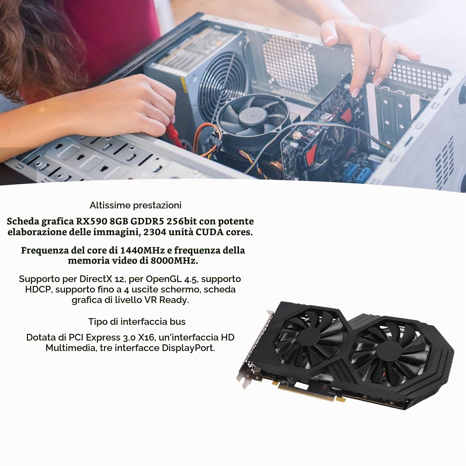 Scheda Grafica RX590 da 8 GB, Scheda Grafica Video GDDR5 256BIT per Computer da Gioco, Supporto DirectX 12 PCI Express 3.0 X16,3 DisplayPort, con Doppia Ventola di Raffreddamento