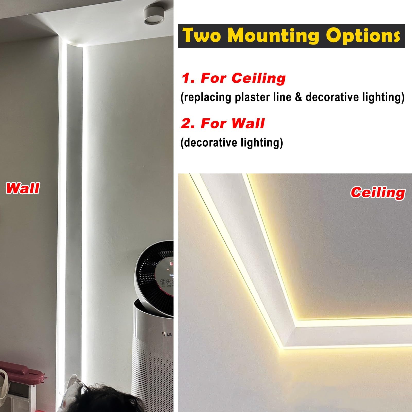 Deckenprofil mit LED-Diffusor ohne Spot, doppelte Aluminium-Lichtleiste, indirektes Beleuchtungsprofil für Trockenbauwände (3 m [9,8 ft])