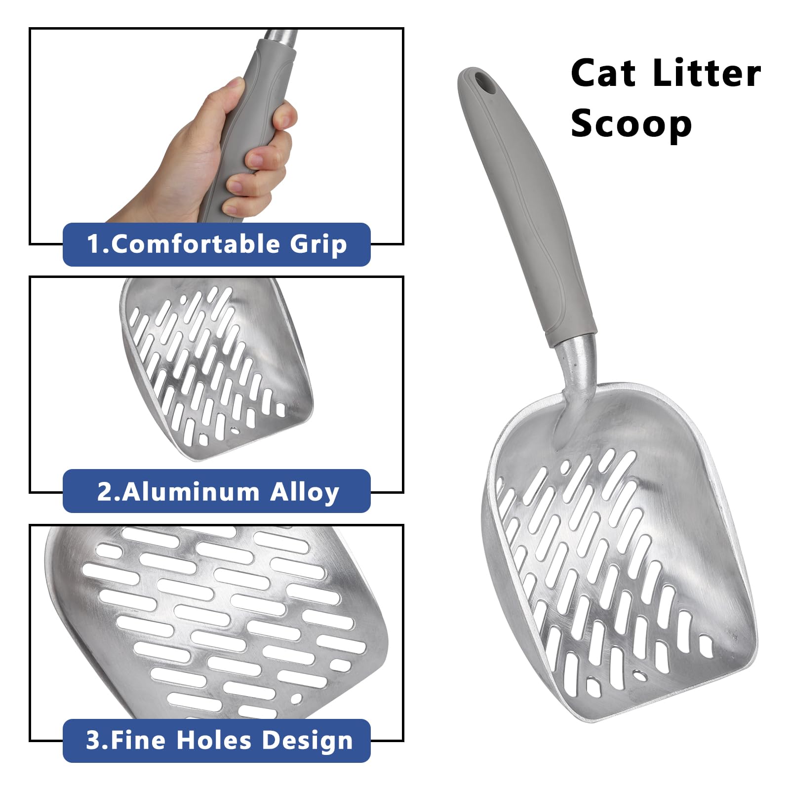Cat Litter Scoop Litter Box Scooper, Aluminum Alloy Kitten Poop Shovel, Small Metal Sifter with Long Soft Handle, Durable Deep Shovel Pooper Lifter with Holes Non-Stick 10.63