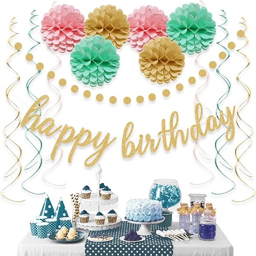 Miniatura 5 de Decoraciones de feliz cumpleaños rosa y dorado – Cartel dorado de feliz cumpleaños, flores con pompones, guirnalda de puntos circulares brillantes y