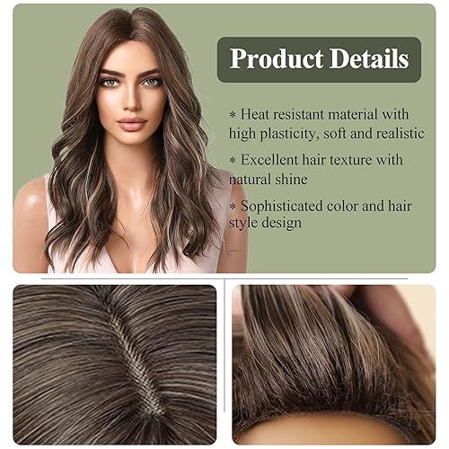 Miniatura 5 de KOME Peluca larga ondulada marrón para mujer, peluca ondulada con reflejos en la parte media, longitud al hombro, peluca de fibra sintética