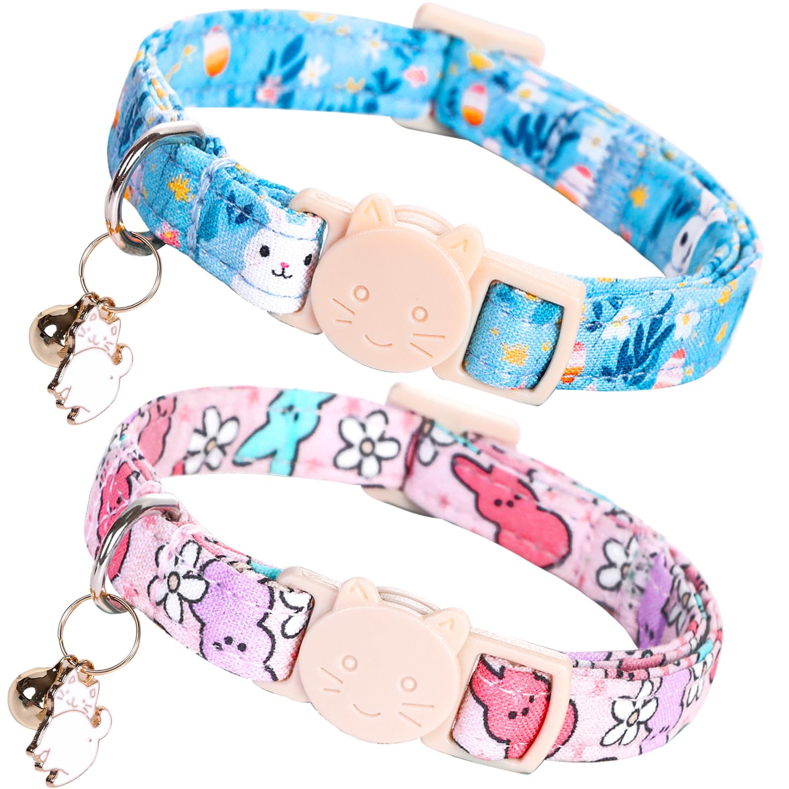 Lionheart glory Easter Cat Collar Breakaway with Bell & Pendant Cute Rabbit Bunnies Print 2 Pack Kitten Collar Soft Adjustable Safety Cat Collars for