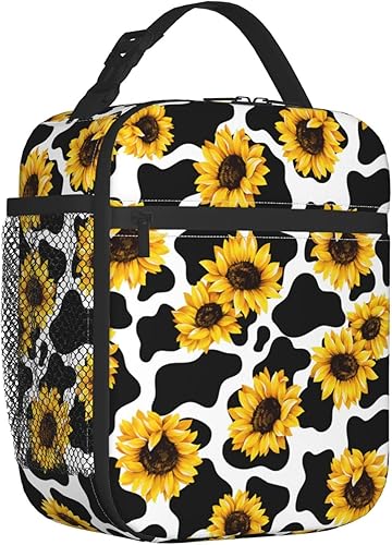 tiehrpr Lonchera térmica con diseño de vaca y girasol para mujeres y hombres, lonchera reutilizable con correa ajustable para el hombro para el